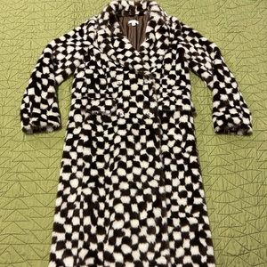 Topshop Faux Fur Long Coat In Checkerboard Print